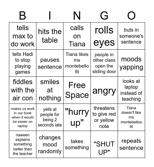 English class Bingo Card