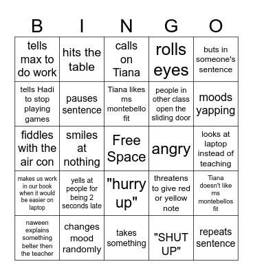 English class Bingo Card