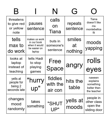 English class Bingo Card
