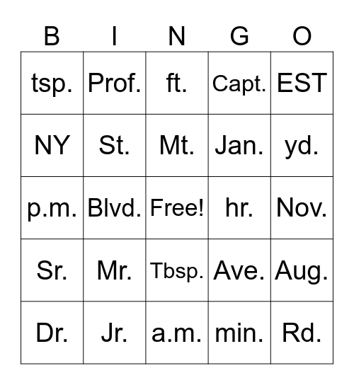 Abbreviation Bingo! Bingo Card