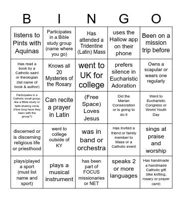 Get to know other Catholics Bingo Card