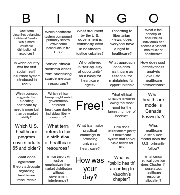 Justice Bioethics Bingo Card