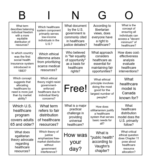 Justice Bioethics Bingo Card