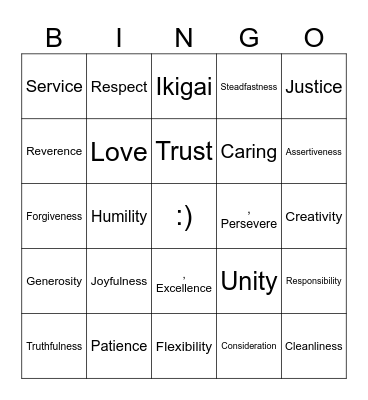 Virtue Wago Bingo Card