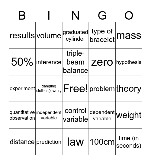 Science Intro Bingo Card