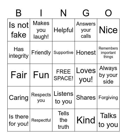 Friendship Bingo Card
