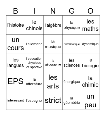 Unité 3B Les Matières Bingo Card