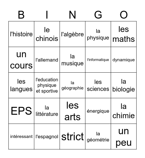 Unité 3B Les Matières Bingo Card