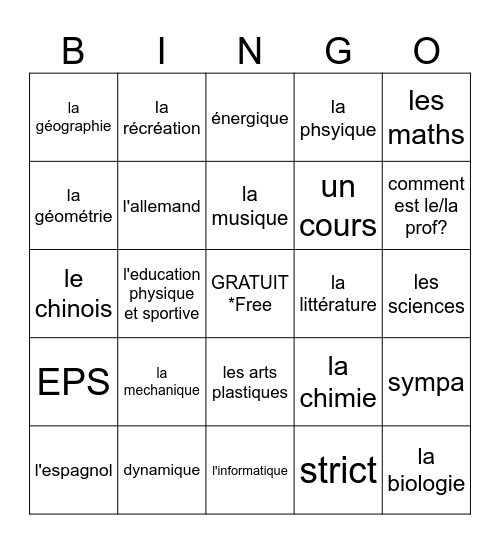 Unité 3B Les Matières Bingo Card