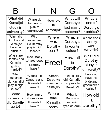 Bridal Bingo Card