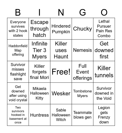 DBD Halloween Card Bingo Card