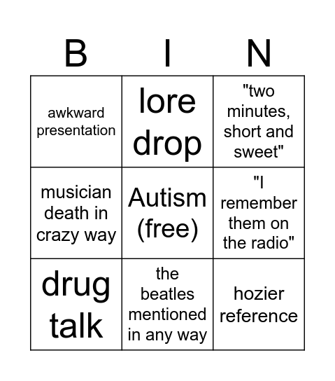 Rock History Bingo Card