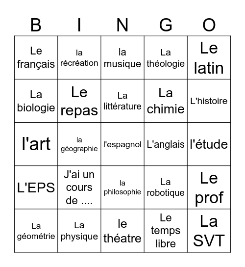 Les matières Bingo Card