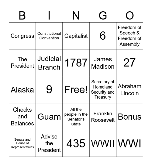 Civics Bingo Card