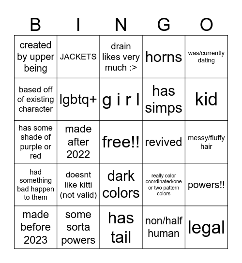 kitti oc bingo Card