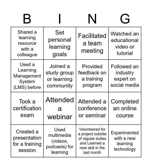 LEARNING BINGO! Bingo Card