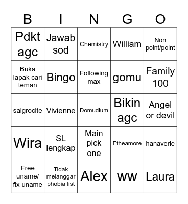 Rhaelyn’s Bingo Card