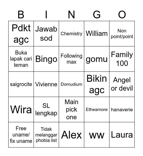 Rhaelyn’s Bingo Card