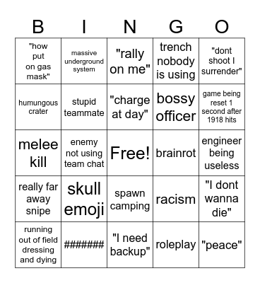 Trench War Bingo Card