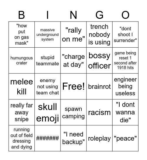 Trench War Bingo Card