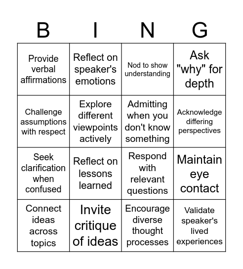 Active Listening and Staying Curious Bingo Card