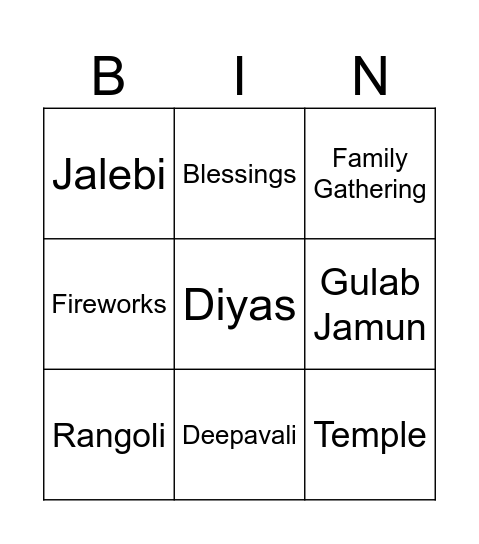 Deepavali Bingo Card