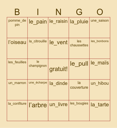 BINGO en francais! Bingo Card