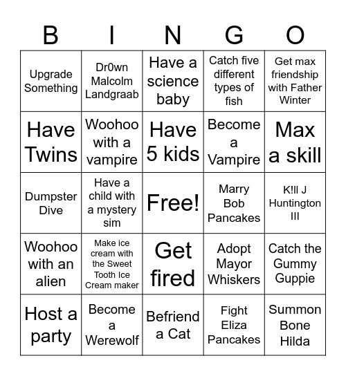 Sims 4 Bingo Card