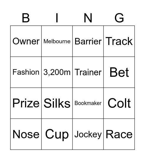 Melbourne Cup Bingo Card