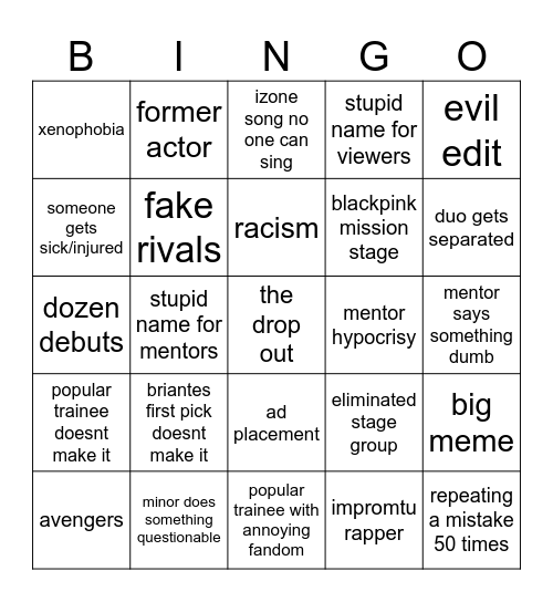 Survival Show Bingo Card