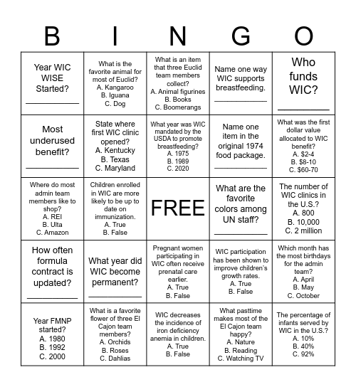 WIC Wellness Celebration Bingo Card