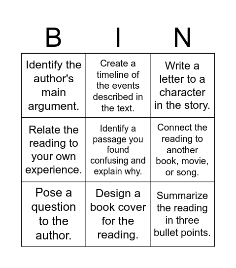 Reading Response BINGO Card