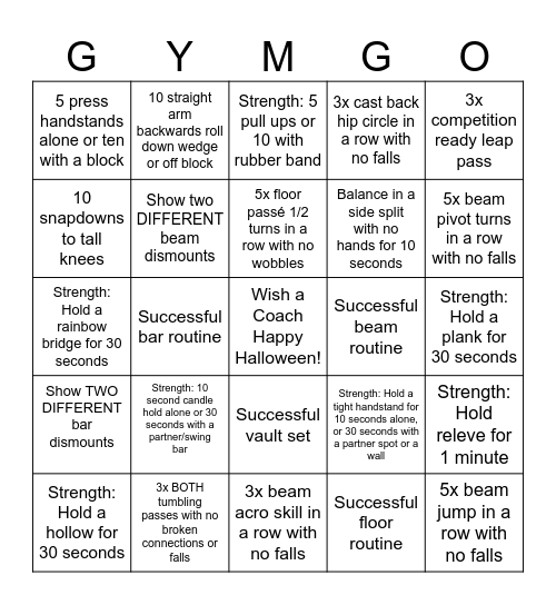 GYMGO Bingo Card