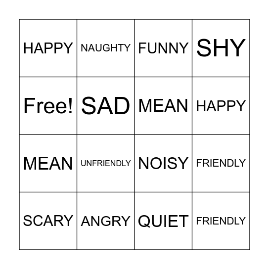 ADJECTIVE BINGO Card