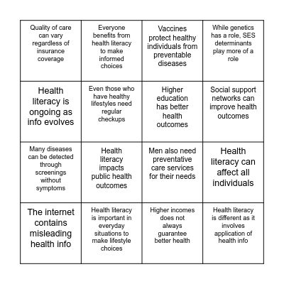 Health Literacy Myths Bingo Card