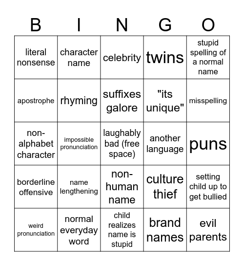 bad baby names (reddit) Bingo Card