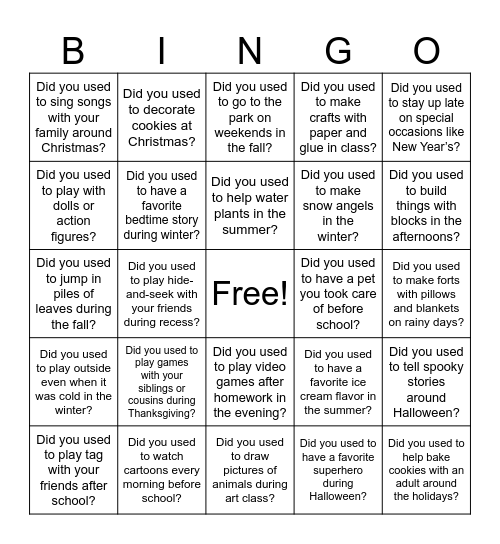 Did you used to? Bingo Card