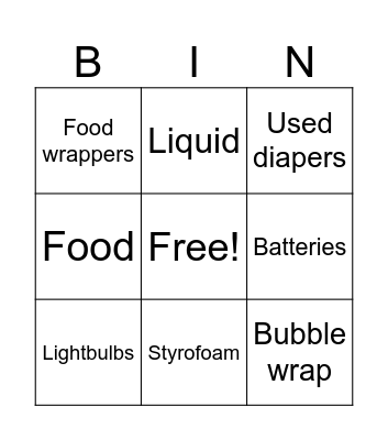 Non-recycable Bingo Card