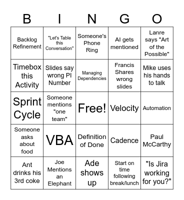PI Planning Bingo Card