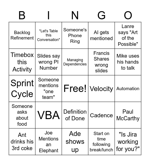 PI Planning Bingo Card