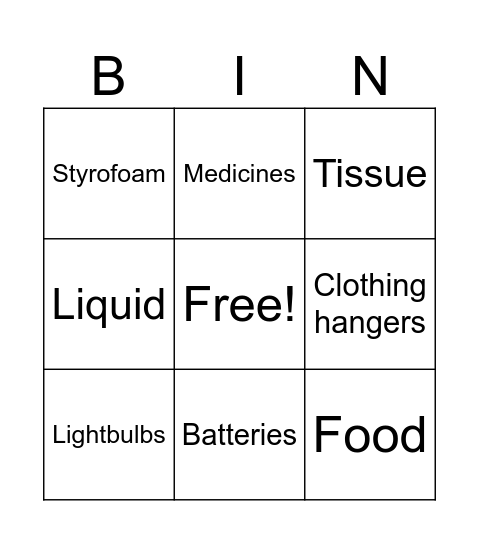 Non-Recycable Bingo Card