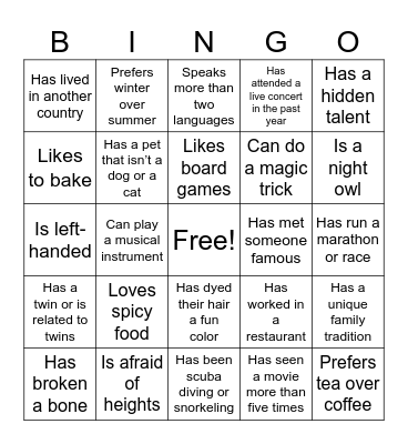 Get to Know You Bingo Card