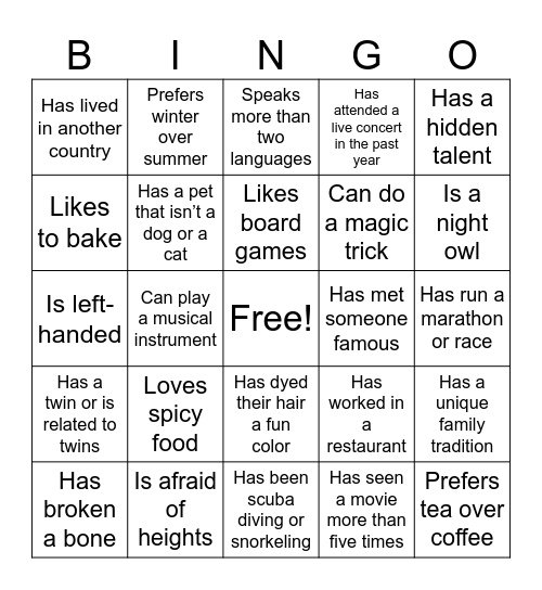 Get to Know You Bingo Card