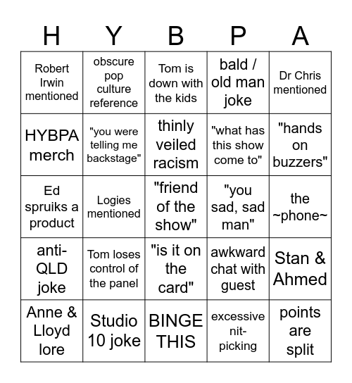 HYBPA Bingo Card