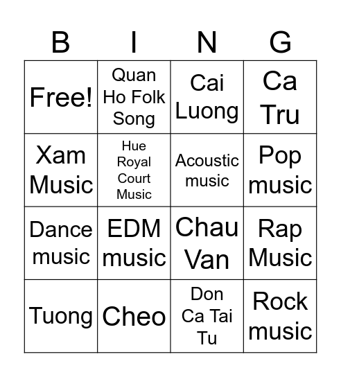 VIETNAMESE MUSIC BINGO CARD Bingo Card