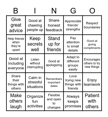 Friendship Strength Bingo Card