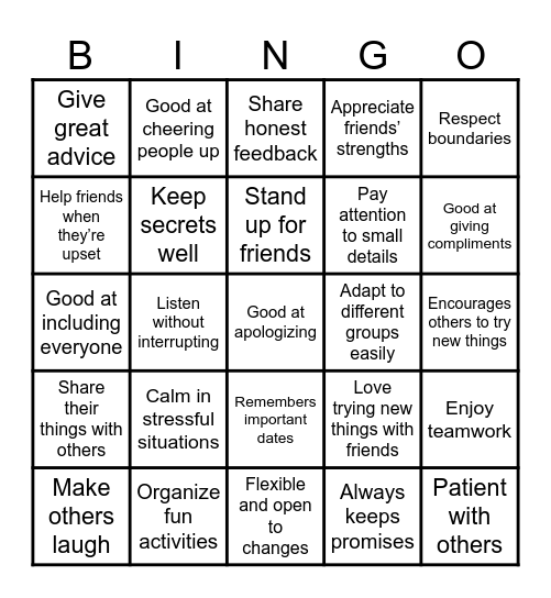 Friendship Strength Bingo Card