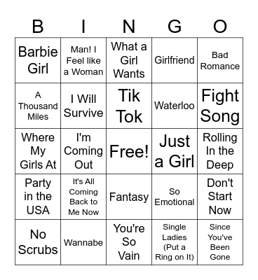 Girls' Night Sing-alongs Bingo Card