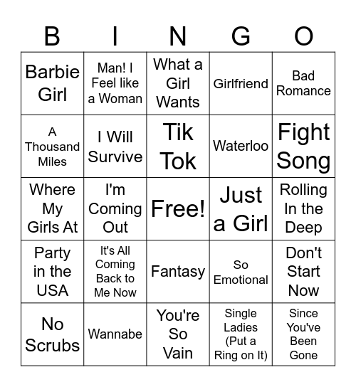 Girls' Night Sing-alongs Bingo Card