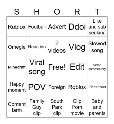 Yt shorts Bingo Card